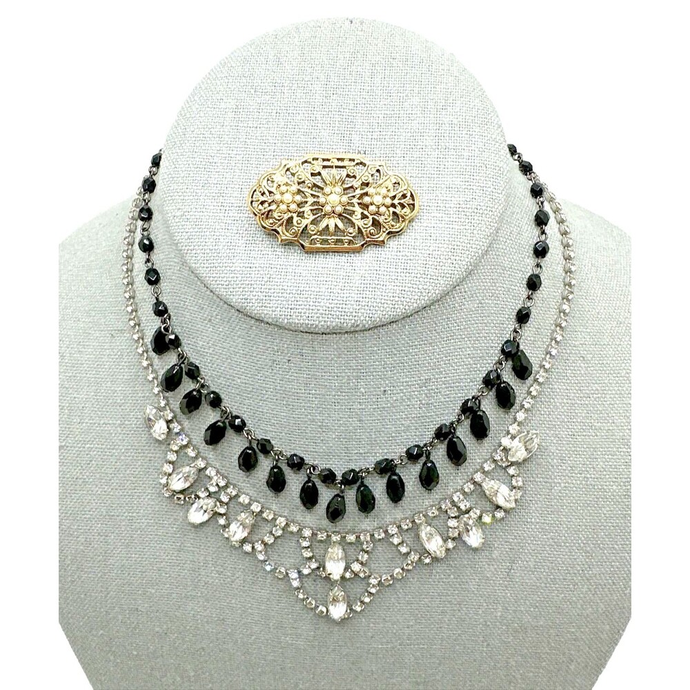 Victorian Revival Style Jewelry Necklaces & Brooch Gold Silver Tone Lot of 3 pcs